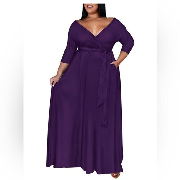 Women Plus Size maxi Dress 3/4 Sleeve V Neck Printing Purple tie belt 4XL - Picture 4 of 7